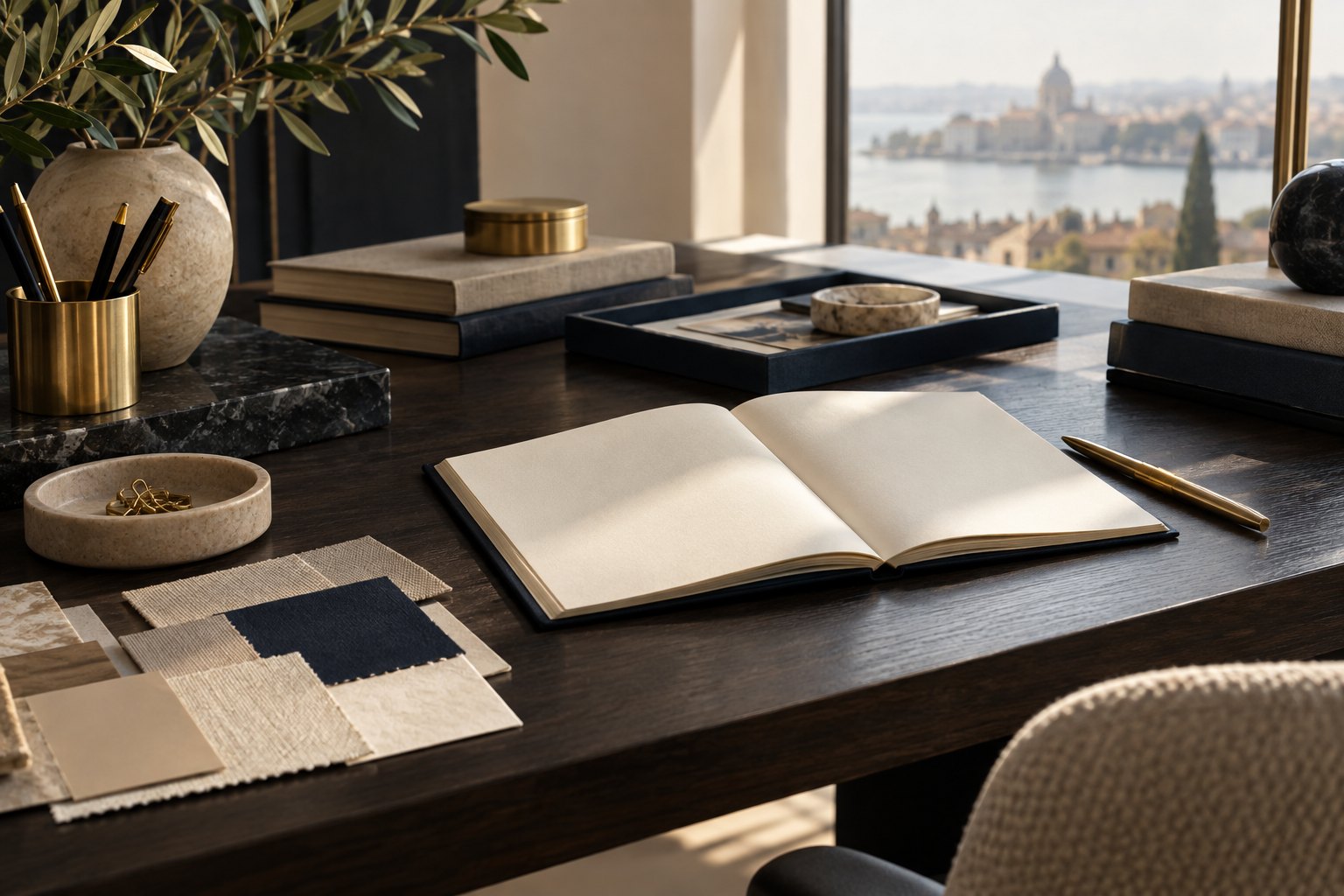 A notebook, paper samples and pen on a warm wooden desk